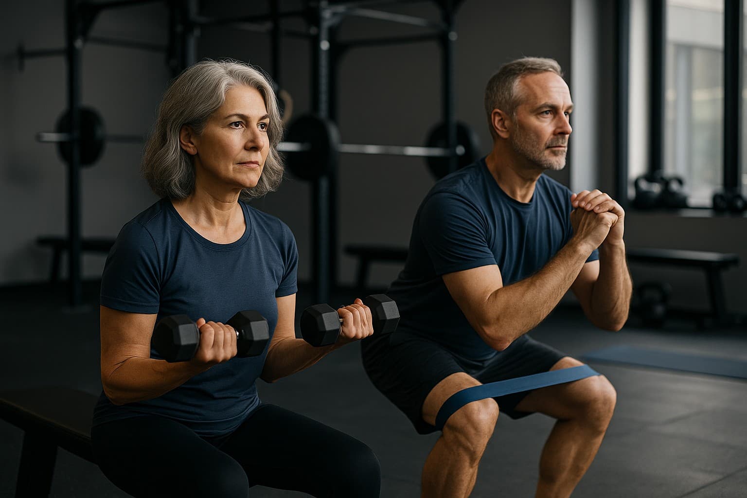 Menschen zwischen 40 und 60 Jahren, die in einem gemütlichen Wohnraum leichtes Krafttraining machen.