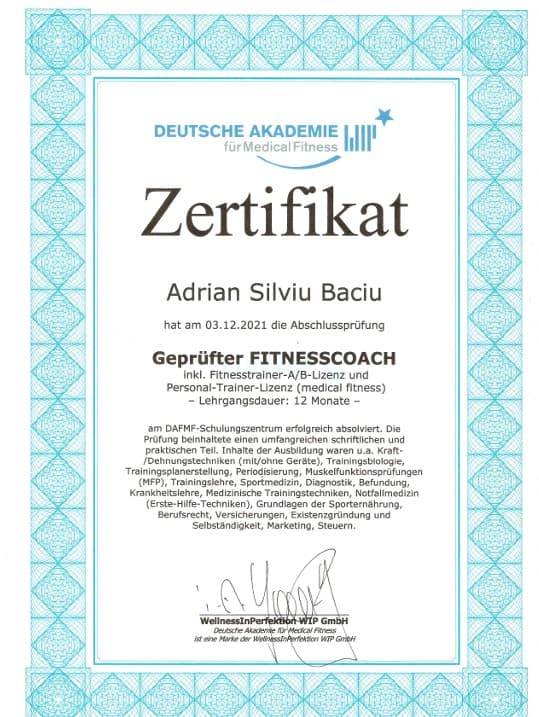 Zertifikat: Geprüfter Fitnesscoach – A-/B-Lizenz & Medical Fitness
