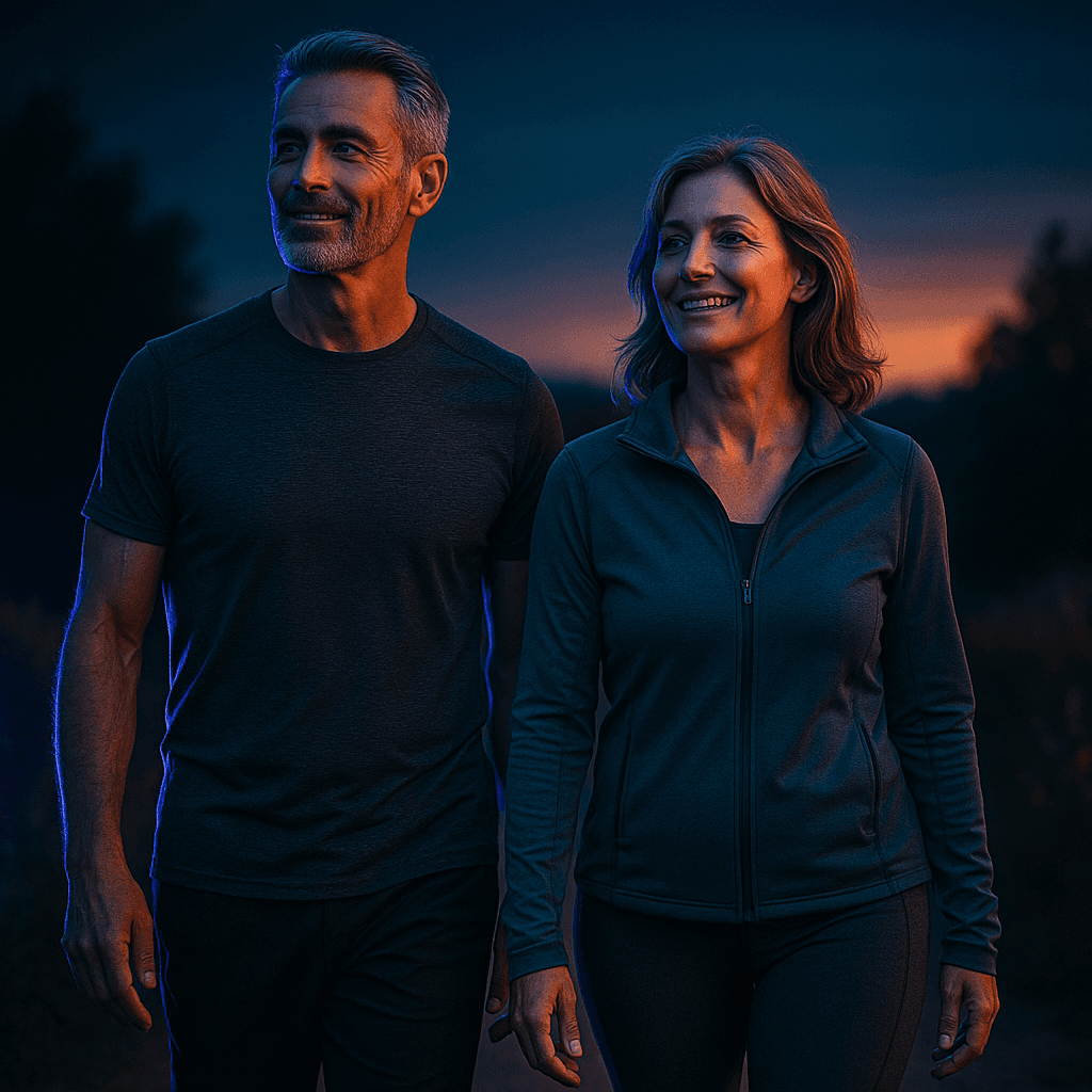 Aktives, gesundes Paar um die 50 auf einem Spaziergang